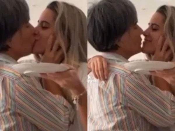 Após ganhar o primeiro pedaço de bolo da filha, Ana Morais, Gloria Pires retribuiu o gesto com uma sequência de selinhos.